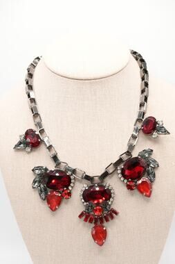 Red Rhinestone Statement Necklace Gunmetal Gray Box Chain 19 Inch
